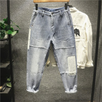 新款Hi 原宿风痞帅浅蓝色大贴布拼接牛仔裤男士潮流百搭个性长裤秋