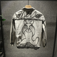 新款Hi 古着感高阶美式手绘小熊印花牛仔外套男士破洞潮流宽松夹克