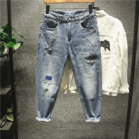 新款Hi 国潮港风欧美街头撞色贴布牛仔裤男青年潮流百搭小脚裤