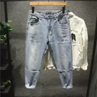 新款Hi 国潮港风清爽浅蓝色简约牛仔裤男士潮流百搭休闲九分小脚裤