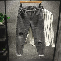 新款Hi 复古街头日系破洞刮烂乞丐牛仔裤男士潮流痞帅修身小脚长裤