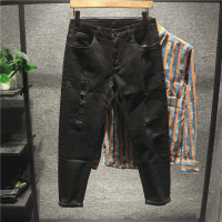 新款Hi 复古街头日系破洞刮烂乞丐牛仔裤男士潮流百搭修身小脚长裤