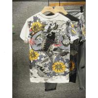 新款Hi 日式浮世绘重工拔印刺绣荷花锦鲤短袖T恤男士霸气宽松上衣