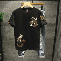 新款Hi 日式男装短袖T恤男圆领tee刺绣烫金线锦鲤情侣宽松体恤