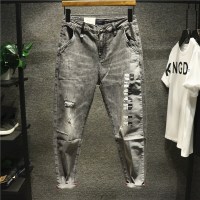 新款Hi  春夏款男士修身款破洞印花牛仔弹力裤