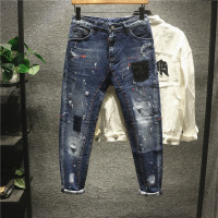 新款Hi 欧美ins泼墨漆点牛仔长裤男潮流百搭贴布拼接小脚裤微哈伦