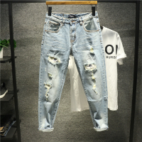 新款Hi 欧美复古做旧浅色破洞有内衬牛仔裤男重水洗耐磨破烂九分裤