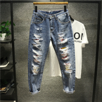 新款Hi  欧美多工艺立体裁剪乞丐裤男士破洞有印花内衬潮男牛仔裤