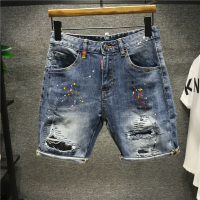 新款Hi 欧美洗牛仔短裤男五分夏破洞拉丝缝补内衬油漆泼墨