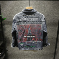 新款Hi 欧美街头风高街印花小众宽松牛仔外套男士潮流刺绣夹克