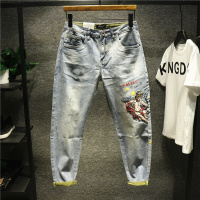 新款Hi  欧美重工艺小天使刺绣牛仔裤 夏季男士九分裤修身小脚薄款