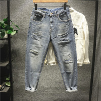 新款Hi 欧美高街刮烂破洞补丁乞丐牛仔裤男士潮流百搭微锥形裤