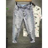 新款Hi 水洗做旧破洞牛仔九分裤男士浅色复古破坏乞丐磨白ins