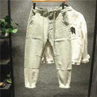 新款Hi 港风chic浅灰绿色日系简约修身小脚牛仔裤男潮流百搭休闲裤