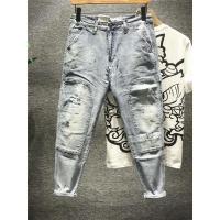 新款Hi 港风chic磨破水洗油漆点牛仔裤男多口袋宽松百搭小脚九分裤