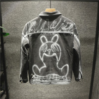 新款Hi 港风帅气设计感草稿手绘小熊印花牛仔外套男士宽松破洞夹克