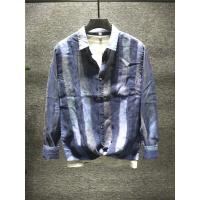 新款hi 潮流男士休闲亚麻衬衫长袖上衣棉麻宽松条纹方领衬衣轻薄款