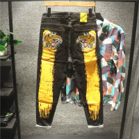 新款Hi 狮子头刺绣喷漆印花牛仔裤男士宽松潮流小直筒长裤