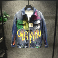 新款Hi 电音网红大咖ins迷雾鬼火喷漆涂鸦牛仔外套男潮流夹克