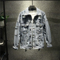 新款Hi 男神style个性字母刺绣水洗磨烂牛仔外套男拼接牛仔衣夹克