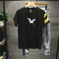 新款Hi 短袖T恤男古风仙鹤刺绣烫金情侣体恤国潮半袖潮流t桖男