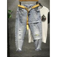 新款hi 破洞补丁内衬乞丐男士长款牛仔裤韩版修身小脚撞色腰带潮流