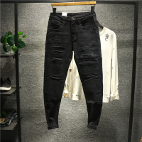 新款Hi 秋冬厚款黑色牛仔裤男韩版修身潮流破洞贴布补丁男弹力裤子