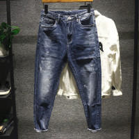 新款Hi 秋冬水洗磨白猫须百搭牛仔裤男修身小脚裤潮流弹力长裤