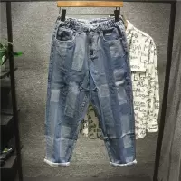 新款Hi 秋季洋气大格纹拼接块牛仔裤男士潮流百搭宽松大码休闲长裤