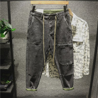 新款Hi 秋季简约日系大口袋工装牛仔裤男士舒适微宽百搭小脚哈伦裤