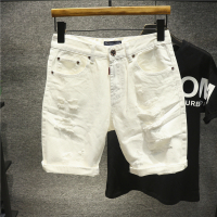 新款Hi 纯白色破洞牛仔裤男宽松短裤悠闲裤五分割破乞丐裤夏季热裤