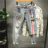 新款Hi 绣花破洞乞丐牛仔裤潮流男油漆刷小脚长微锥形裤