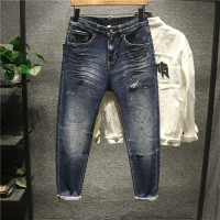 新款Hi 美式休闲个性泼墨漆点牛仔裤男士水洗做旧青年小脚长裤潮流