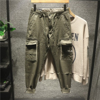 新款Hi 美式军旅风异色口袋包边设计工装裤男士潮流阔腿修身小脚裤
