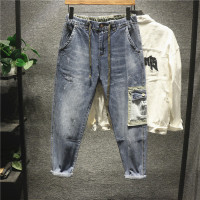 新款Hi 美式复古侧边口袋牛仔裤男青年潮流百搭腰部抽绳阔腿锥形裤