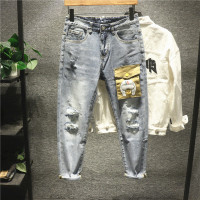 新款Hi 美式工装牛仔创意撞色口袋休闲裤男青年潮流乞丐破洞小脚裤