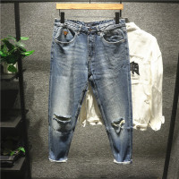 新款Hi 美式经典复古怀旧色一字割破洞牛仔裤男士潮流九分锥形裤