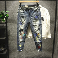 新款Hi 美式经典高定工艺绣花补丁牛仔裤男士潮流乞丐小脚裤