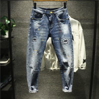 新款Hi 美式街头ins超火网红同款slp风格破洞修身牛仔裤男油漆