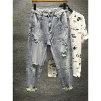 新款Hi 耐磨宽松垂感直筒男士九分牛仔裤潮流破洞拉丝重磅裤脚贴标