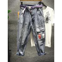 新款Hi 膝盖大口袋工装男士宽松版大码九分牛仔裤男士裤脚绑绳腰带