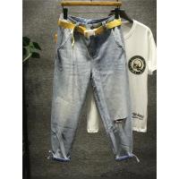 新款Hi 膝盖破洞牛仔裤男潮流九分裤一字破宽松直筒裤脚绑绳配腰带