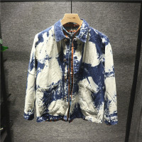 新款Hi 范设计感上衣日系复古痞帅扎染星空蓝牛仔外套夹克衫男