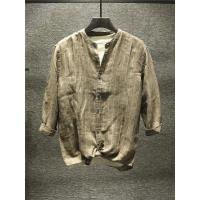 新款hi 贵族气质商务精英男七分袖衬衫亚麻条纹宽松潮流复古上衣薄