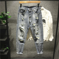 新款Hi 超破坏刮烂破洞乞丐牛仔裤男士潮流个性帅气微锥形裤