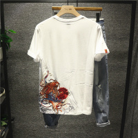 新款Hi 重工刺绣锦鲤荷花图案休闲男士全棉短袖T恤经典复古ins