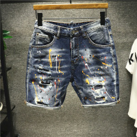 新款Hi 重工艺油漆泼墨刮烂破洞五分裤牛仔短裤男乞丐裤中裤