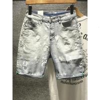 新款Hi 重磅欧美皇冠短裤男士牛仔裤浅色磨白个性潮流印花五分裤薄