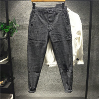 新款Hi 雅痞秋冬磨毛弹力休闲裤男潮流百搭修身小脚裤条纹格子西裤