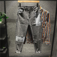新款Hi 韩版古着感浅色水洗布贴拼接牛仔裤男士潮流修身小直筒长裤